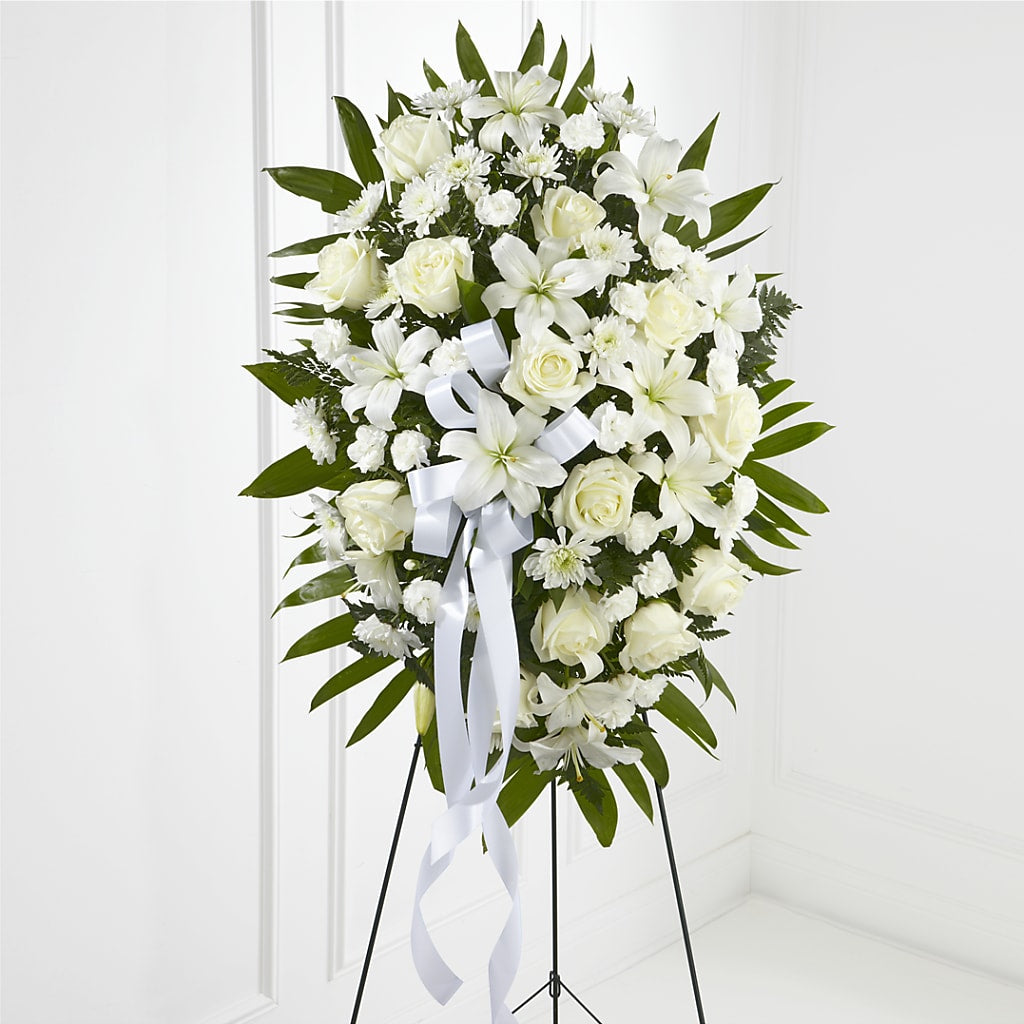 Exquisite Tribute Standing Spray-White Ribbon – Fleurs.ca, Quebec PQ